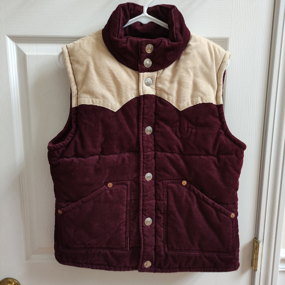 True Religion Burgundy Cream Corduroy Vest Women's L Run Small Y2K
